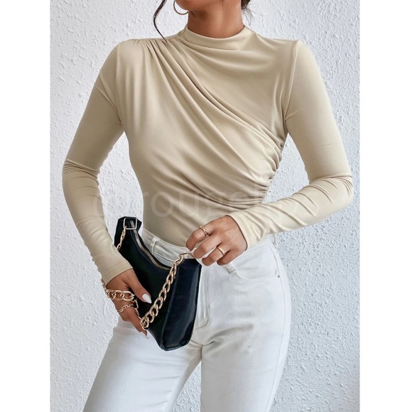 Ruched Asymmetric Beige Long Sleeve Bodysuit Slim Fit Stretchy - Picture 2 of 8